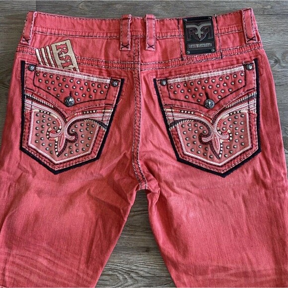 Mens Rock Revival Red SYCAMORE Taper Jeans Leather Insert Pockets NEW Size 38x32